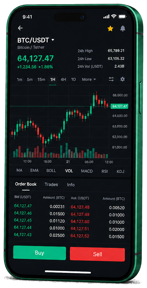 Yieldario trading platform on mobile — live BTC/USDT chart, order book, and buy/sell interface